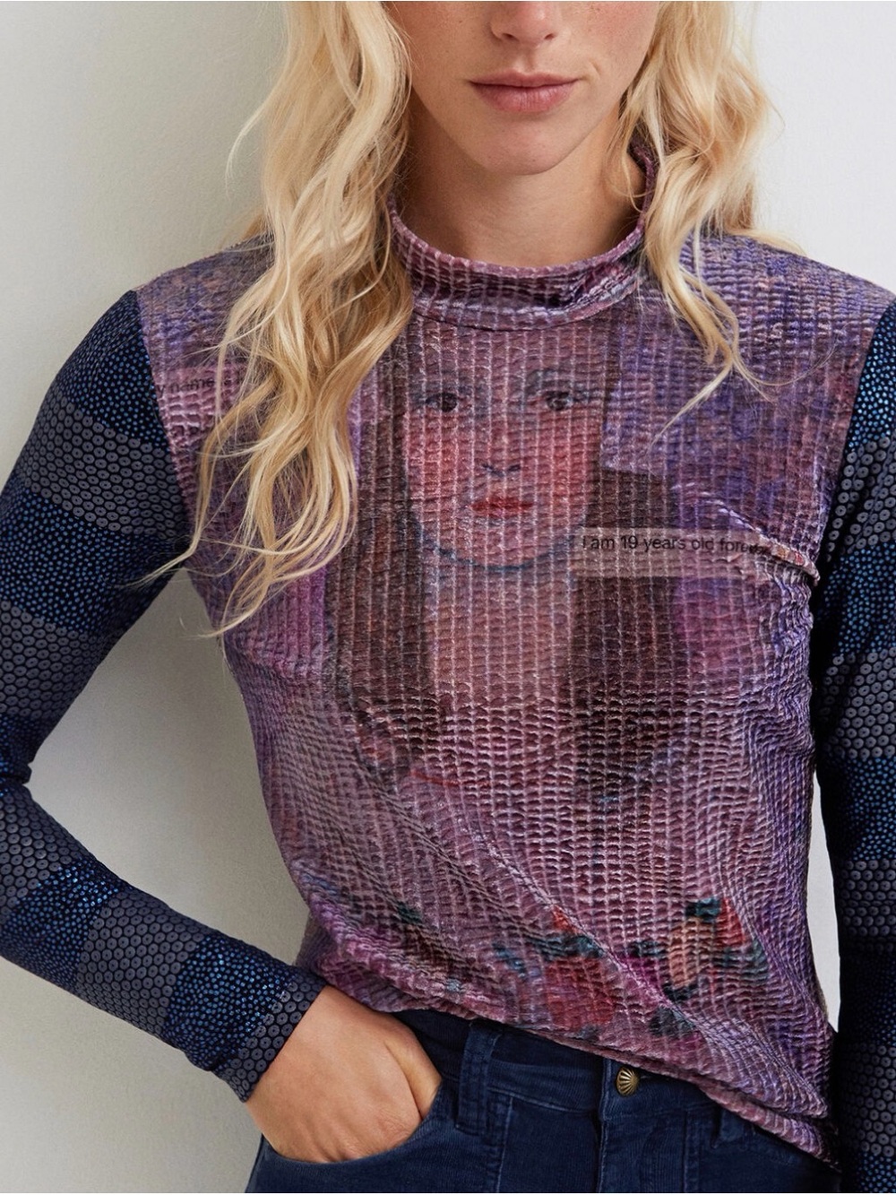 Desigual Purple Graphic Long-Sleeve Mesh Tee with Navy Sleeves